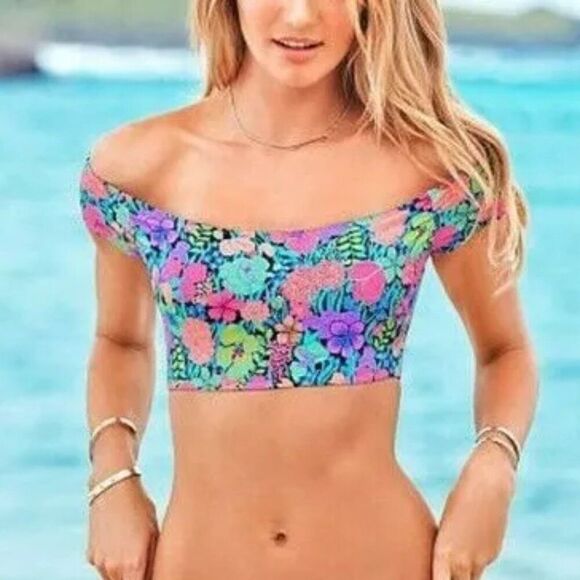 Victoria's Secret Swim Top Bikini Swimsuit Scrunched Paisley Neon Coral Gold S - Picture 9 of 9